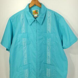 The Genuine Haband Guayabera Shirt Men's XL Blue Zip Front Embroidered